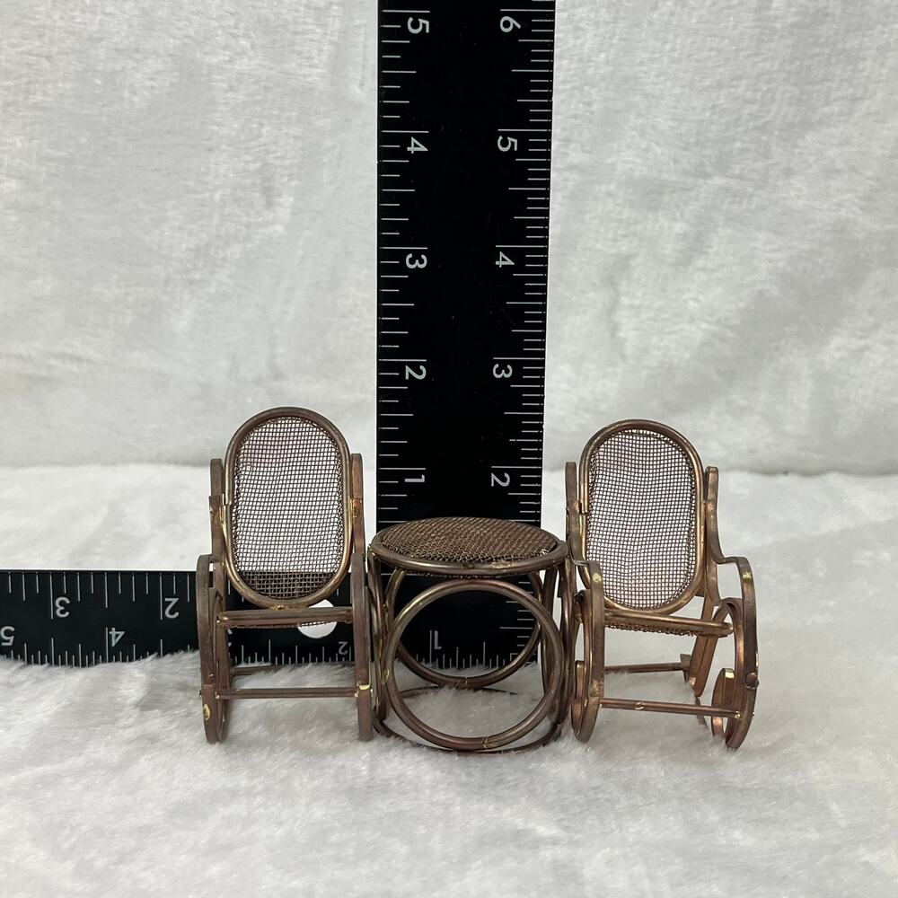 Vintage Brass Miniature Dollhouse Rocking Chairs & Table Set Woven Seat 1:12 - Picture 9 of 11
